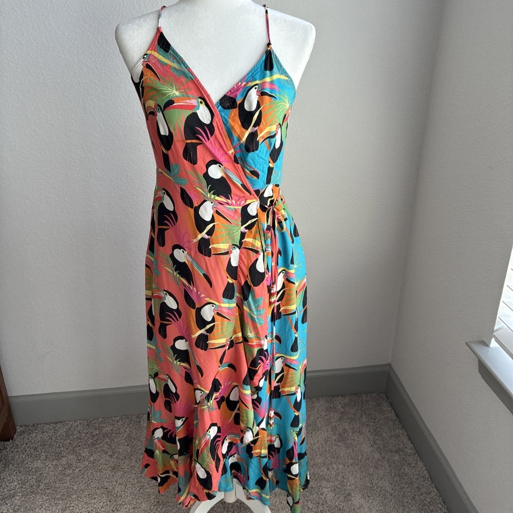 Farm Rio for Anthropologie Toucan Wrap Maxi Dress Small Tropical Garden Party
